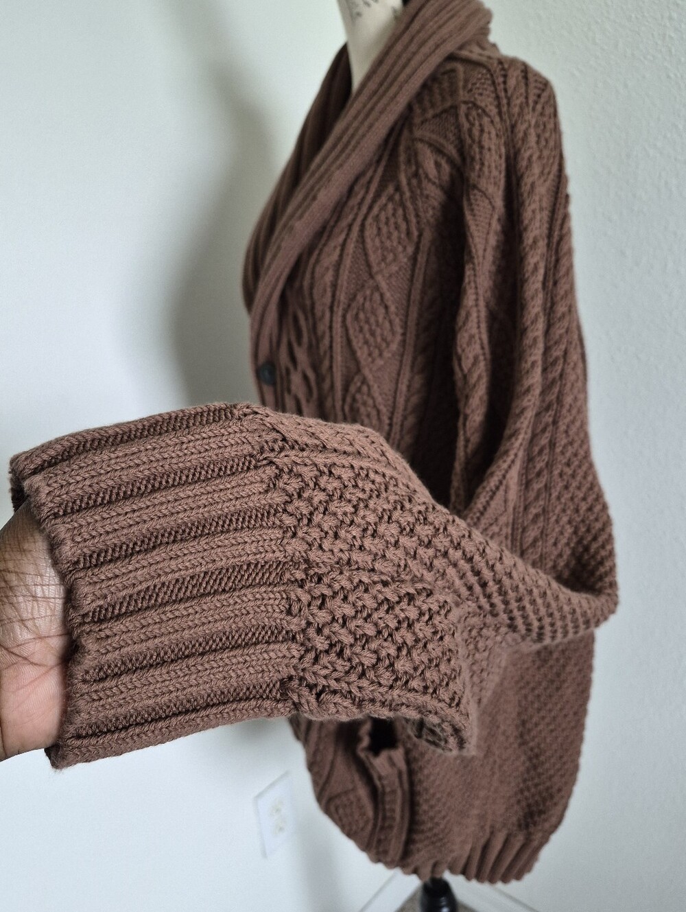 LL Bean Signature Cotton Fisherman Cable Knit Cardigan Sweater XXL Shawl Brown - Picture 9 of 14